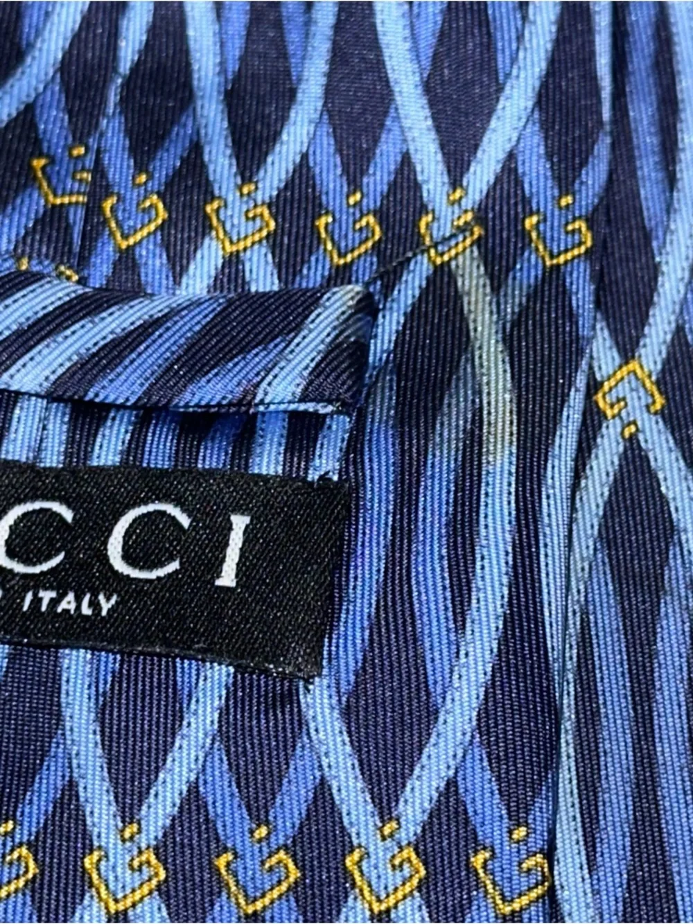 Gucci Navy Light Blue Gold G Logo Link Interlocking Print Silk Necktie Tie - Picture 12 of 12